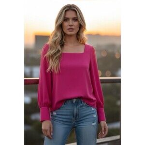 Calvin Klein Women’s Size Large Pink Square Neck Long Sleeve Regular Fit Blouse